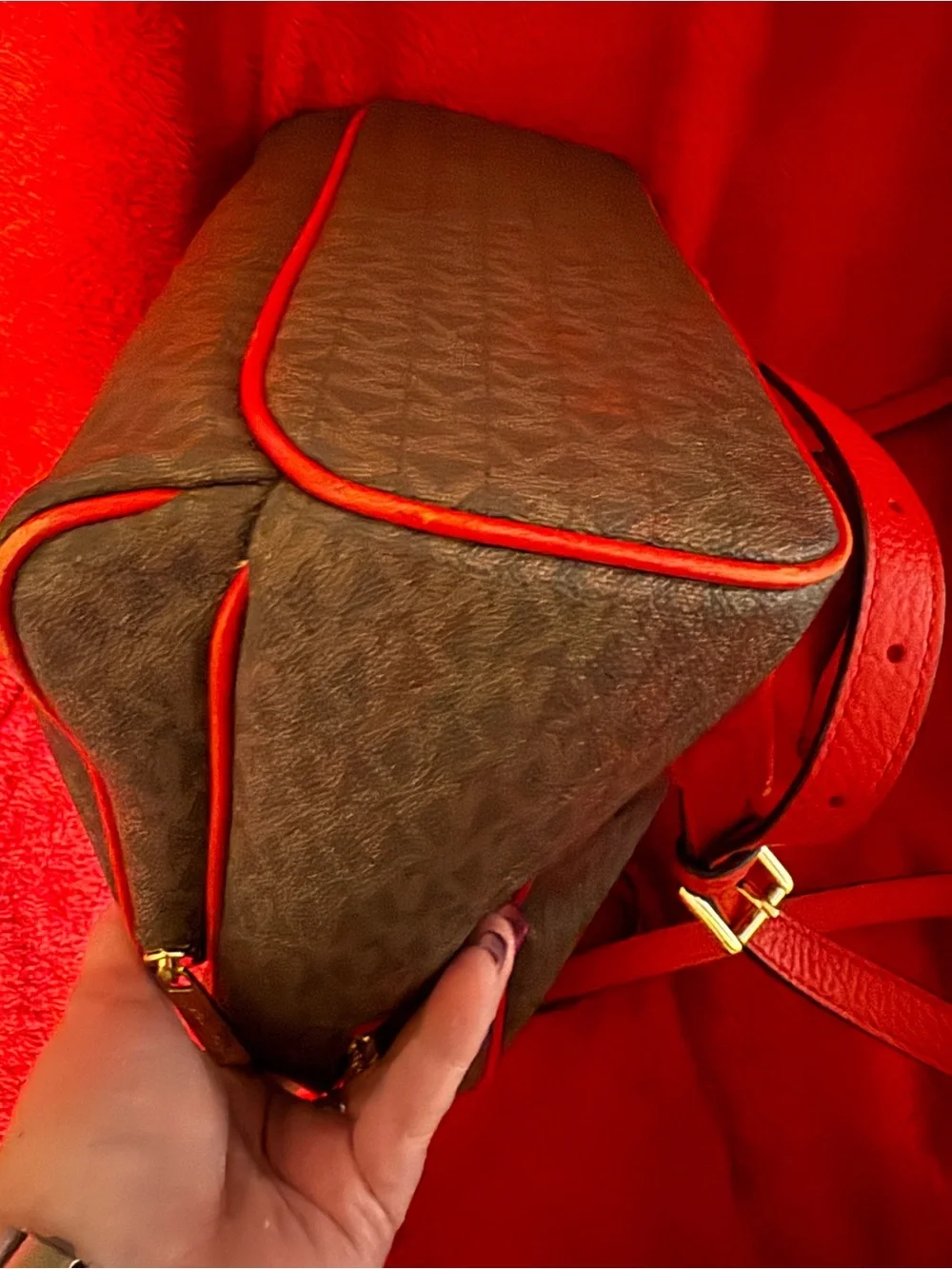 Michael Kors Brown Monogram Backpack with Red Trim and Gold Logo